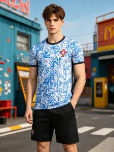 Portugal Football Team Inspired Two-Piece Set, Blue Geometric Pattern Jersey + Shorts, Men's Casual Sports Wear, All Seasons