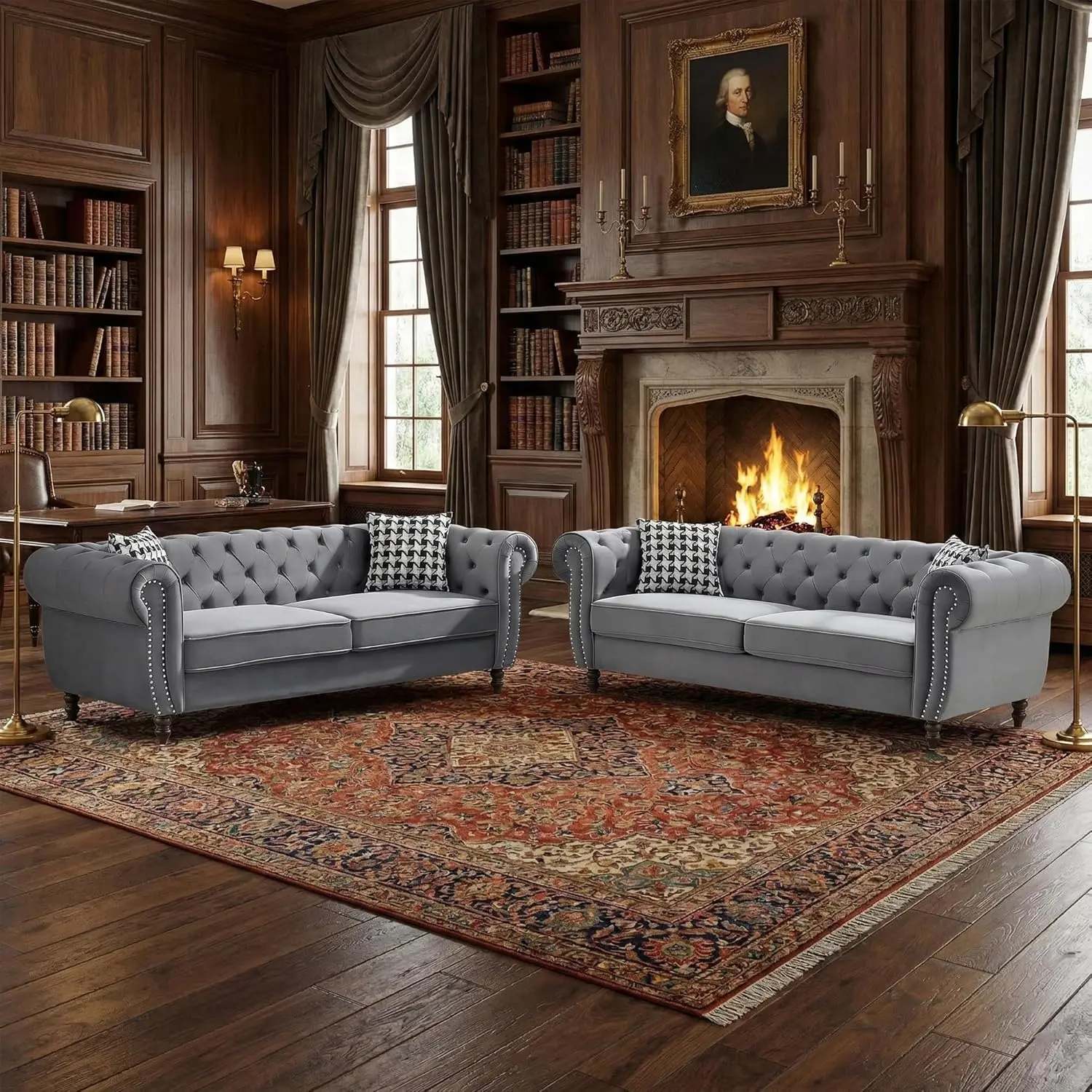 Fab，Modern Fabric Sofa Couch Set of 2, Chesterfield Velvet Modern Sofas Couches with Roll Armrests & Nailheads, Upholstered Mid-Century 3-Seater Sofas Living Room Furniture for Apartment, Office, Gray