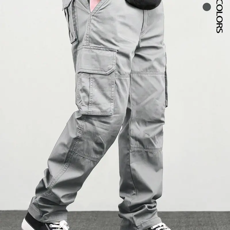 Men's Loose Solid Casual Slant Pocket Drawstring Waist Cargo Pants, Casual Street Style Straight Leg Trousers for Outdoor Hiking Fishing, Woven Bottoms for All Seasons Pants