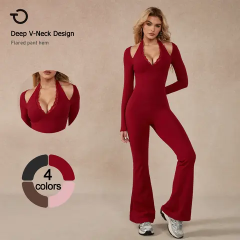 TimeOFF Women's Stretchable Long-Sleeve Lace-Trim Halter Athletic Style Activewear Jumpsuit - Deep V-Neck, Flared Pants, Chic Look, Easy for Yoga, Workout, Running