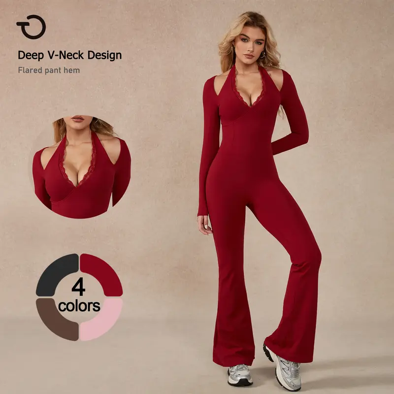 TimeOFF Women's Stretchable Long-Sleeve Lace-Trim Halter Athletic Style Activewear Jumpsuit - Deep V-Neck, Flared Pants, Chic Look, Easy for Yoga, Workout, Running