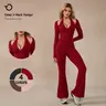 TimeOFF Women's Stretchable Long-Sleeve Lace-Trim Halter Athletic Style Activewear Jumpsuit - Deep V-Neck, Flared Pants, Chic Look, Easy for Yoga, Workout, Running
