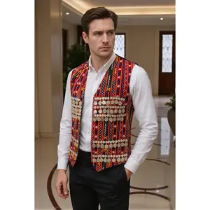 Men’s Traditional Afghan Vest with Multicolor Embroidery and Gold Coinwork | Handmade Waistcoat | Size Medium to Large