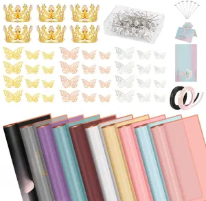 209 Pcs Flower Bouquet Wrapping Paper Waterproof Floral Wrapping Paper Florist Supplies with Butterfly Decoration Crowns Ribbons Bouquet Pin Glue for DIY Craft