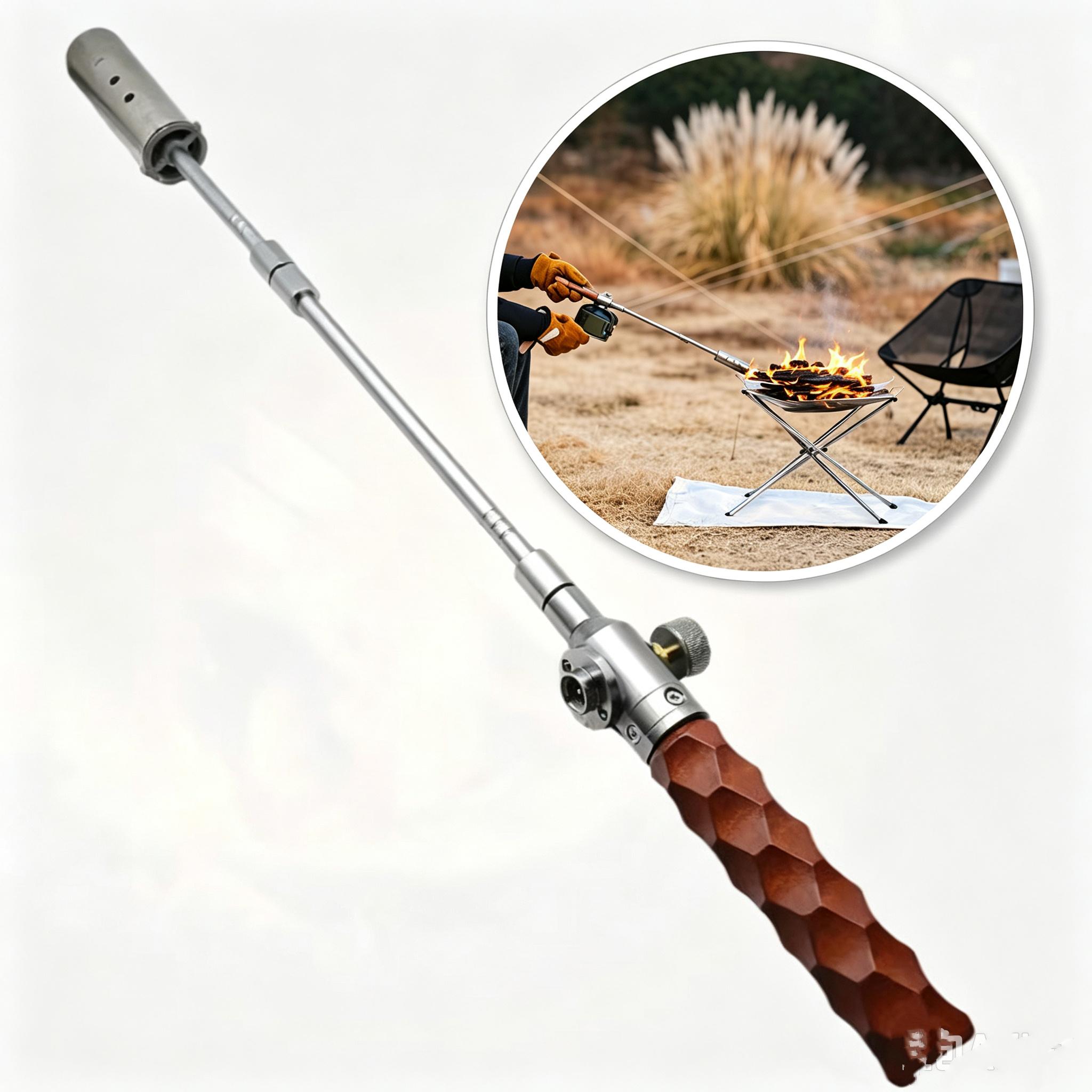 Stainless Steel Foldable Barbecue Igniter - Foldable Torch with Adjustable Length, Flame Control, Extendable Rod, Portable Tool, Hiking Gear for Backyard Steak Grilling (Gas Canister Not Included)