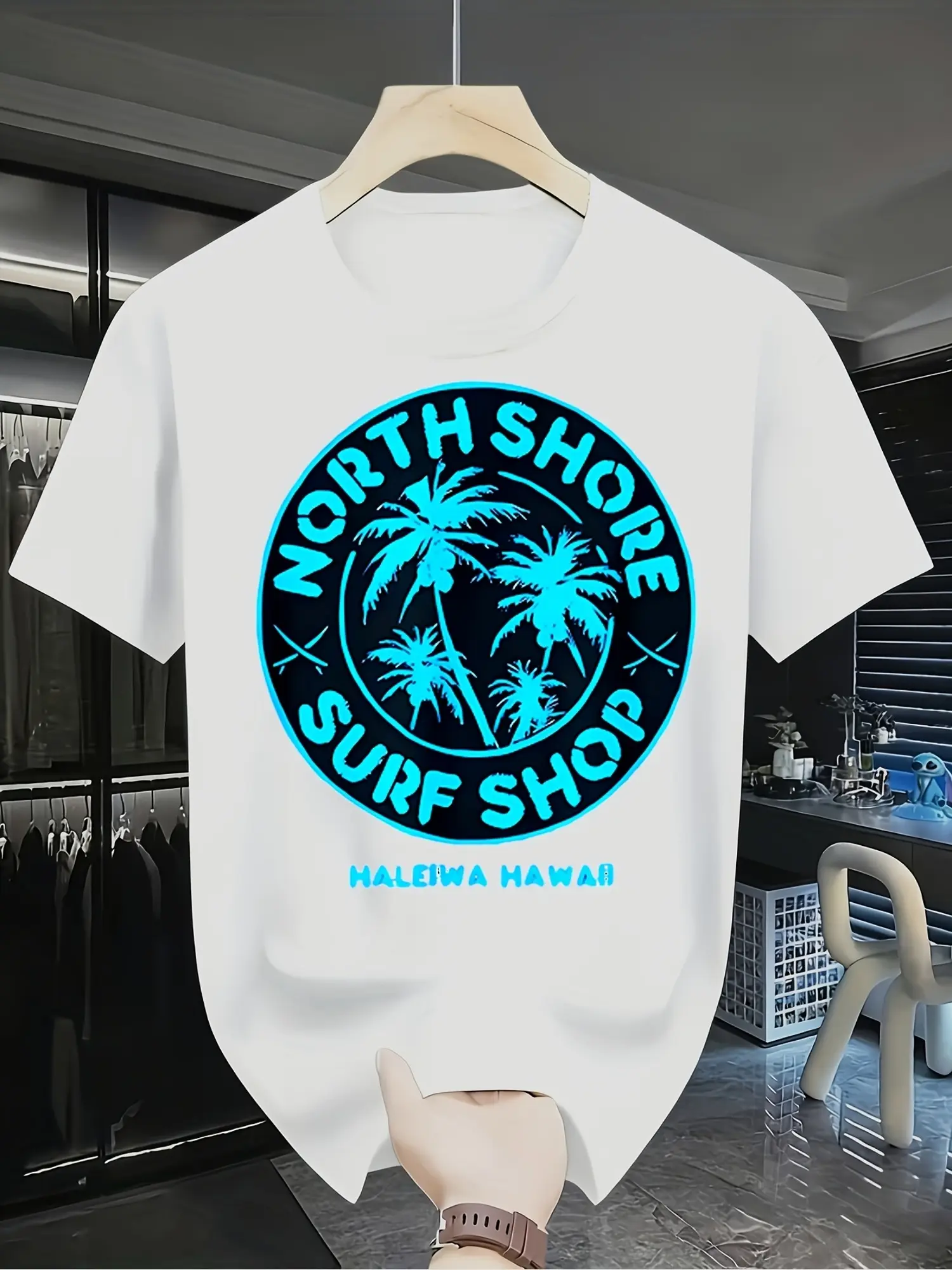North Shore Surf Shop Hawaii T-Shirt for - Coconut Palm Tree & Surf Graphic Tee, Short Sleeve Round Neck Casual Beachwear Suitable for Birthday Gifts, Casual Attire, Hawaiian Apparel, Machine Washable Apparel