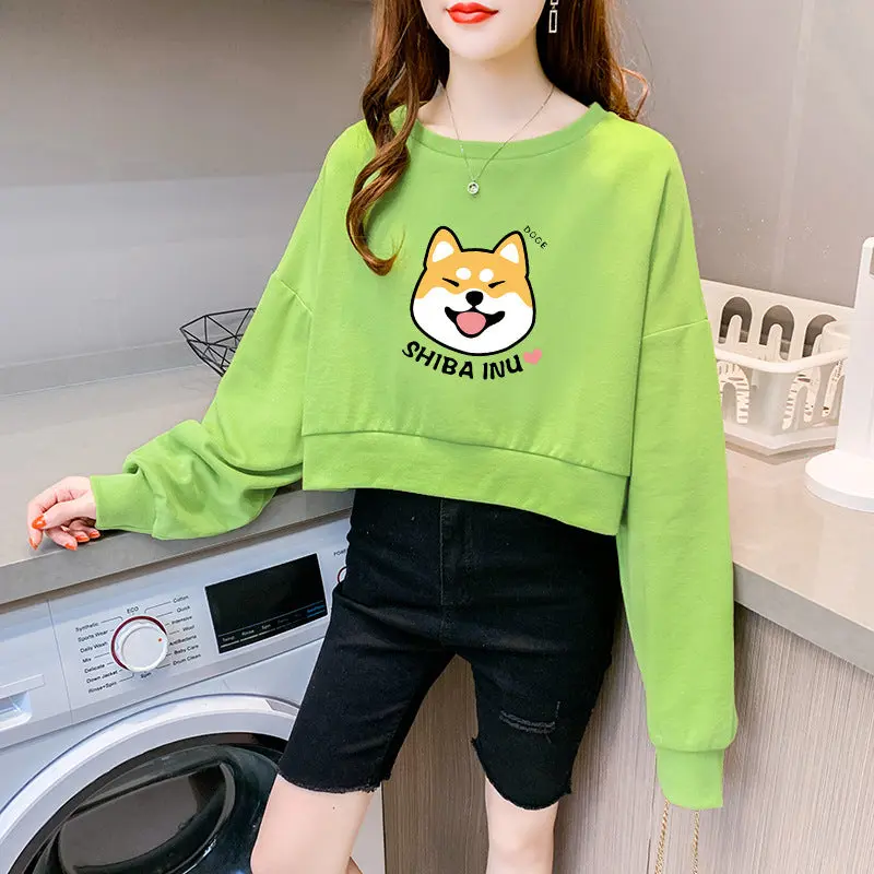 Women's high-waist round neck short hoodless sweater