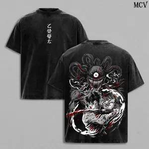 Sanlan SanlanVintage Washed Oversized Heavy Cotton T-Shirt, Double Printed Anime Manga Inspired Graphic Tee, Unisex Retro Streetwear Casual Top