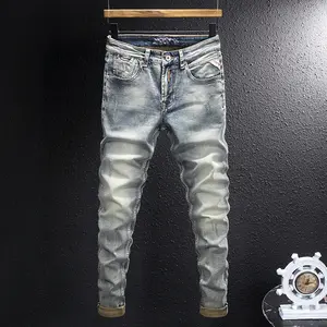 Italian Style Fashion Men Jeans Retro Washed Blue Stretch Slim Fit Ripped Jeans Men Y2K Vintage Designer Casual Denim Pants