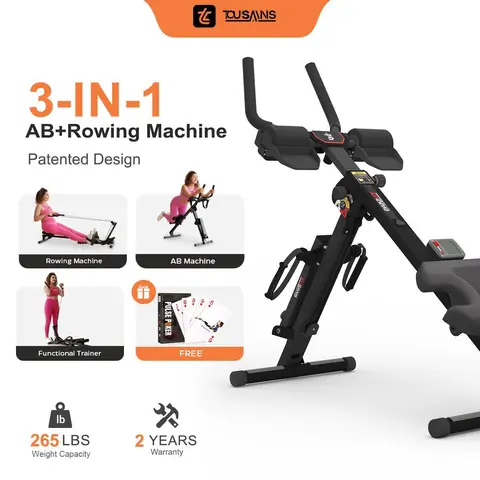 【Upgraded Version】TOUSAINS 3-in-1 Abdominal Exercise Equipment - Compact Fold-Up Core Exercise Machine, 3-Mode Ab Crunch Trainer with Rowing Machine Function, Weighted Cable Tower, Adjustable Height-Resistance, LCD Display, 24 Months Support