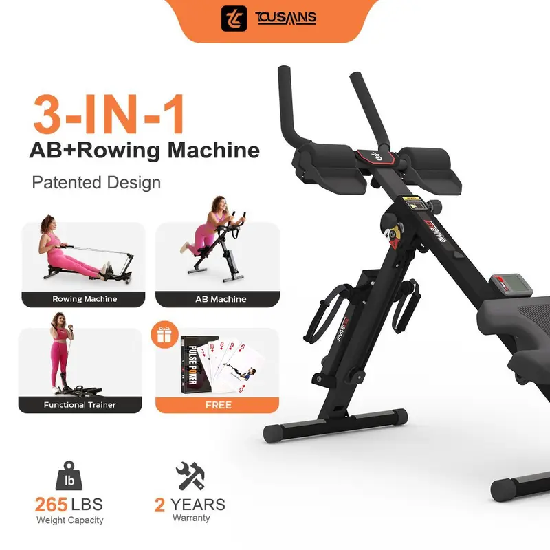 【Upgraded Version】TOUSAINS 3-in-1 Abdominal Exercise Equipment - Compact Fold-Up Core Exercise Machine, 3-Mode Ab Crunch Trainer with Rowing Machine Function, Weighted Cable Tower, Adjustable Height-Resistance, LCD Display, 24 Months Support