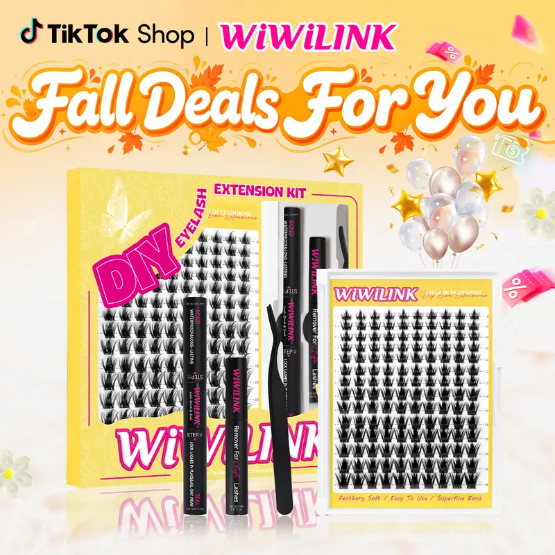 WiWiLINK Sunset Manga Lash Clusters DIY Eyelash Extension Kit - C Curl, 8-18mm, Ultra-Thin Transparent Bands, Bond, Seal, Remover, Anime Makeup False Lashes Set, Diy Eyelash Extensions