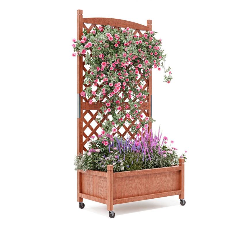 1PC Wood Planter Box with Trellis - 29.5"x26"x61.5" Tall Raised Garden Bed with Wheels, Drainage Holes, Vertical Flower Stand for Patio Horticulture