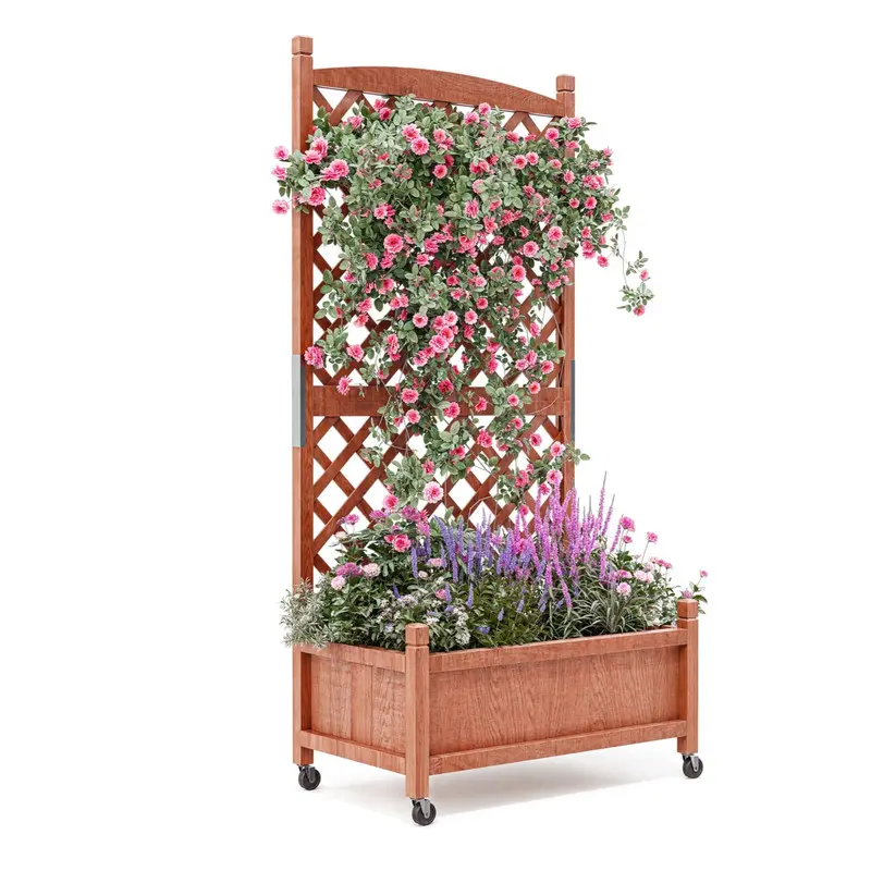 1PC Wood Planter Box with Trellis - 29.5"x26"x61.5" Tall Raised Garden Bed with Wheels, Drainage Holes, Vertical Flower Stand for Patio Horticulture