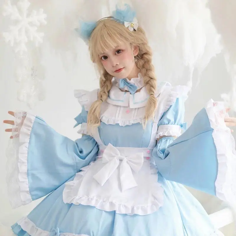 Women's Blue Lolita Maid Dress - Plus Size (2XL, 5XL, XXL) Female Anime Cosplay Costume with Lace Bowknot, 7-Piece Halloween Party Outfit Set with Accessories, 4Xl