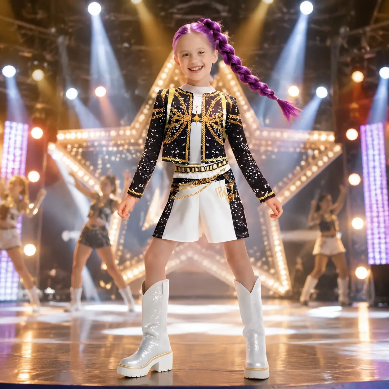 K-Pop Idol Cosplay Girls Pop Singer Stage Costume Set, Kids Sparkly Black Gold Chain Print Crop Jacket & Shorts Outfit, Hip Hop Dance Performance Concert Halloween Cosplay Dress Up Clothes for Girls