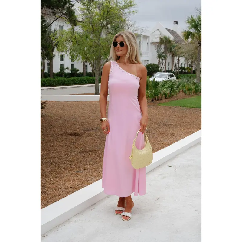 open lace back dress Pink One-Shoulder Midi Dress main image 1