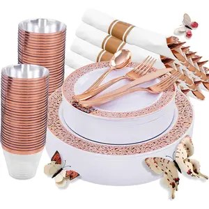 350 PCS Rose Gold Disposable Dinnerware Set for 50 Guests, Disposable Rose Gold Lace Plates, Include:50 Dinner Plate, 50 Dessert Plates, 50 Pre Rolled Napkins with Silverware and 50 Cups