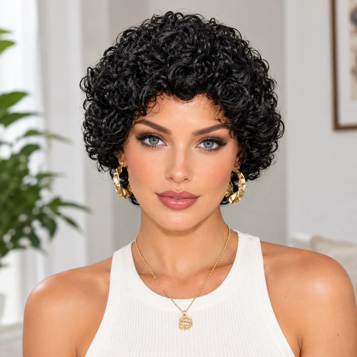 Short Jerry Curly Pixie Wig 4 Inch 150% Density Jet Black Human Hair Glueless Wear & Go Wig for Black Women
