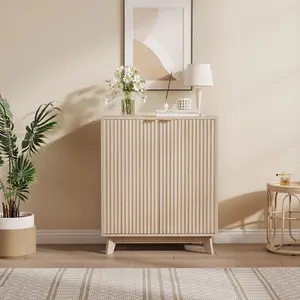 【Christmas Gift】Wood color Fluted Cabinet with Storage Buffet Sideboard with Adjustable Shelves and Gold Handles for Living Room Entry and Kitchen Natural
