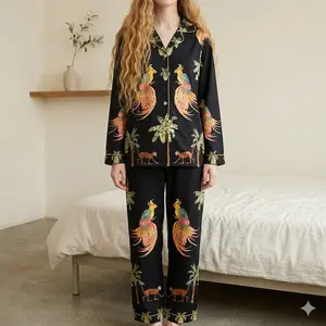 Coconut tree peacock monkey plant satin pajamas set, tropical women pajamas, summer lounge, sleepwear fasshion