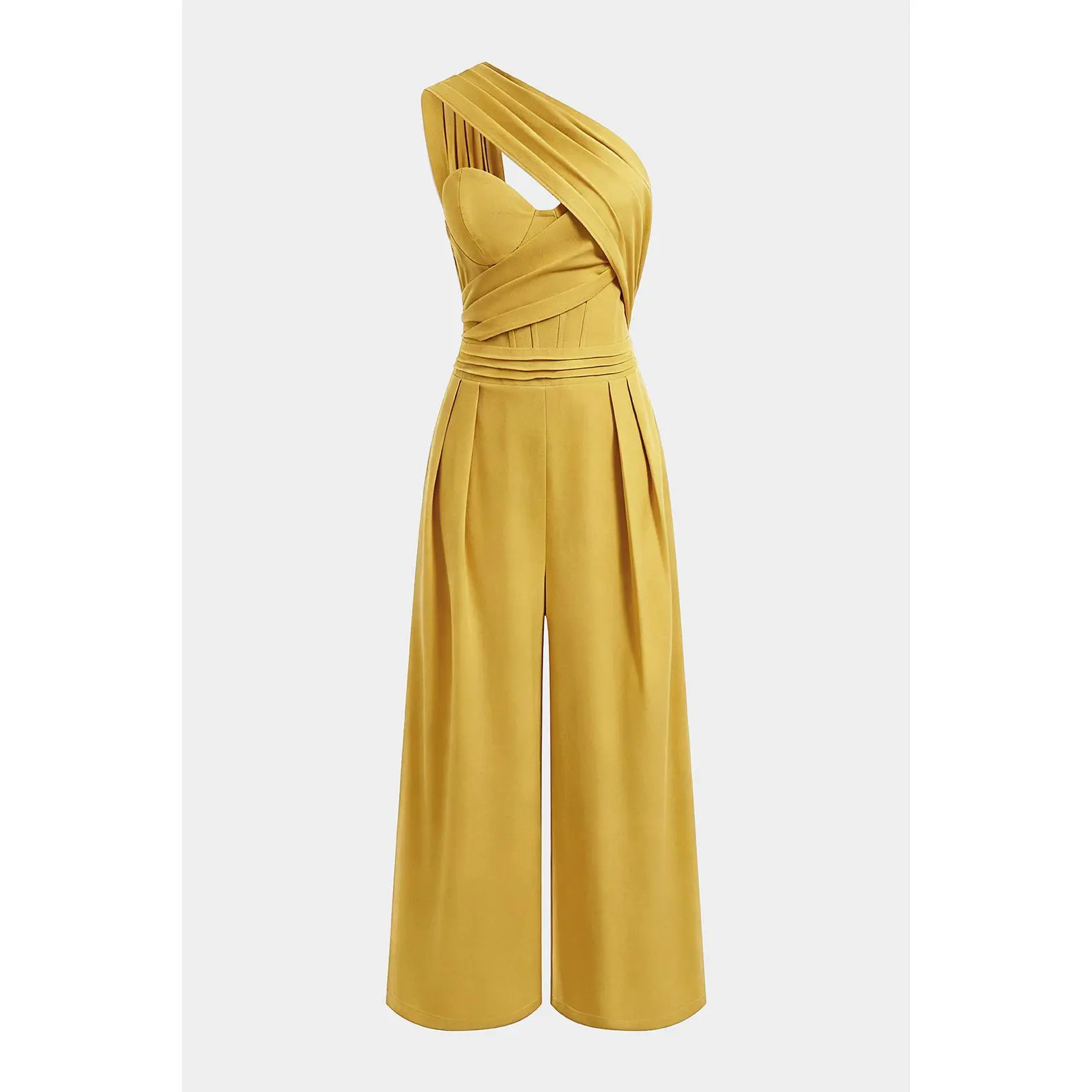 Linen One Shoulder Asymmetrical Ruched Sleeveless Jumpsuit