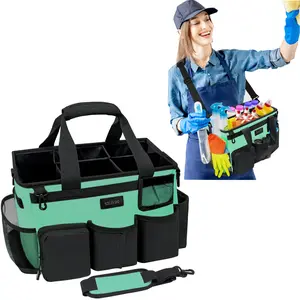 Portable Cleaning Bag with Carry Handle and Shoulder Strap Suitable for Storing Car Cleaning Tools Includes 5 Foldable Dividers (Green)