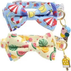 2 Pack Cute Cat Collar with Bell Breakaway Bowtie for Male Female Cats Soft Fancy Blue Yellow with Ice Cream Sea Pattern Summer Cat Collar for Boy Girl Cats
