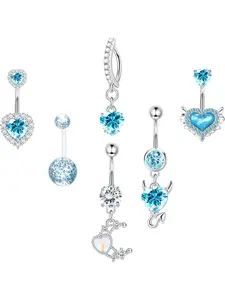 6pc Belly Ring Set - Hypoallergenic Steel 14G Dangle Navel Piercing Jewelry - Heart CZ Stones  Blue