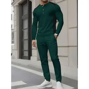 Men's Dark Green Two-Piece Set - Waffle Knit Henley Long Sleeve Shirt And Drawstring Pants - Contrast Panel Casual Outfit