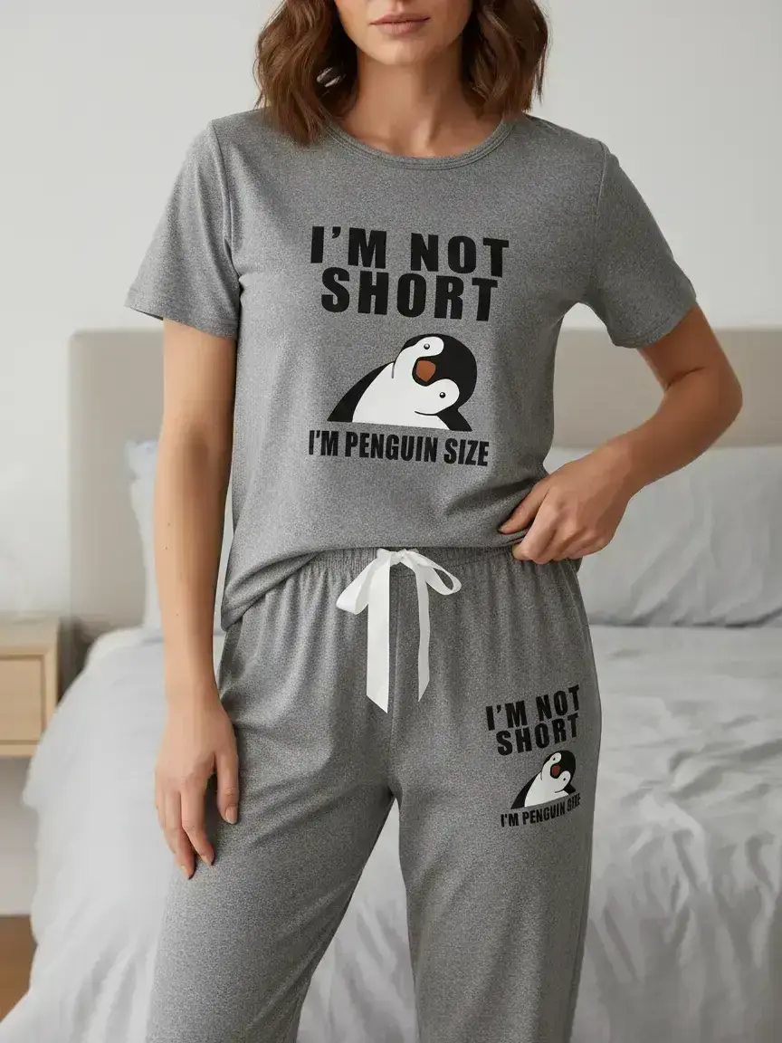 Three-Piece Women's Cartoon Penguin Print Sleepwear Loungewear Set, Home Clothes Loungewear, Casual All Seasons Stretchy Knit Funny Pajamas with Fitted Style, Cozy, Cute and Fun Nightwear