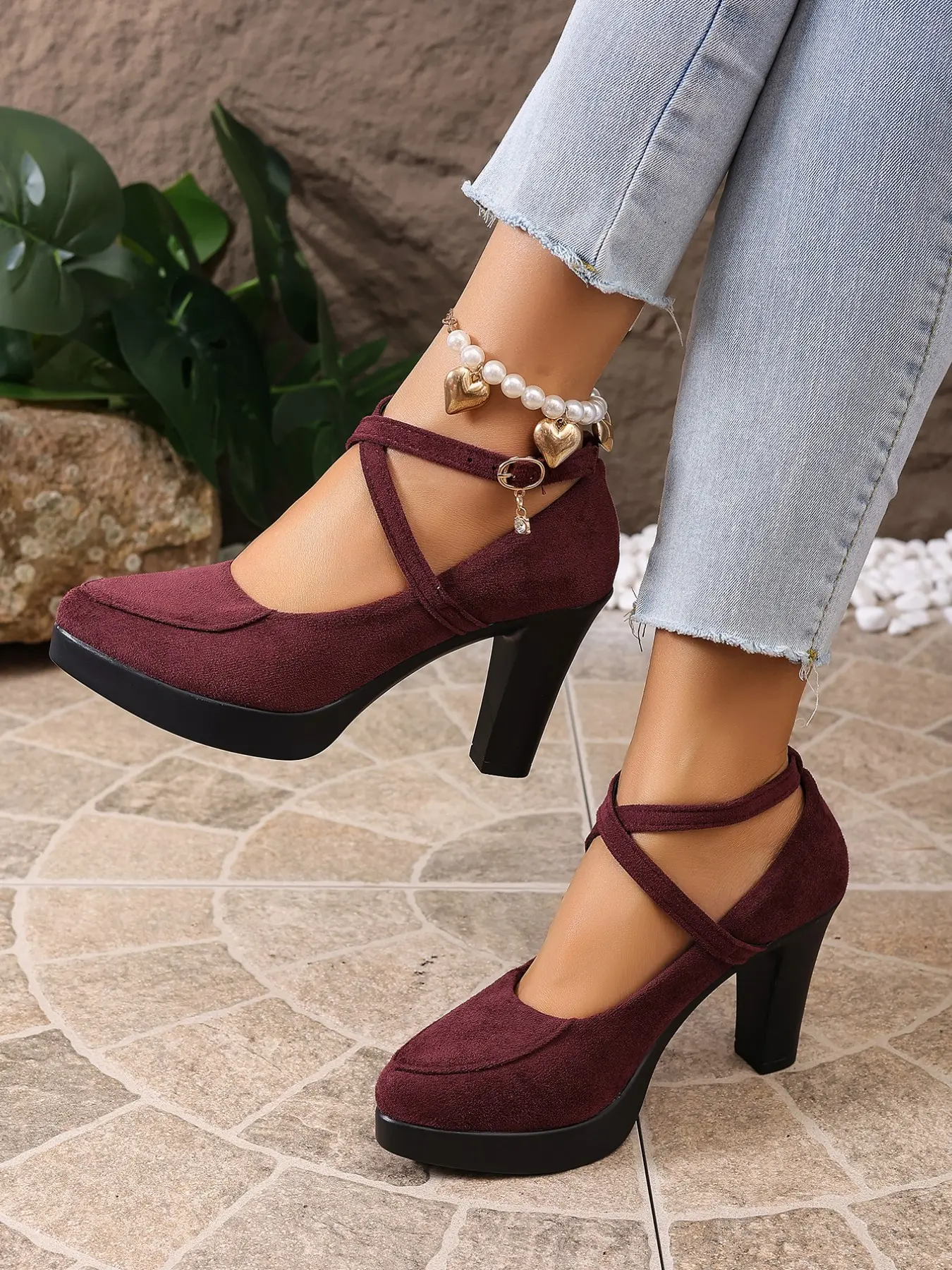 French Retro Cross Strap Platform Heels, Vintage Round Toe Leather Upper, Thick Sole Mary Jane Style, platform mary janes, Fashionable Stylish Women's Shoes