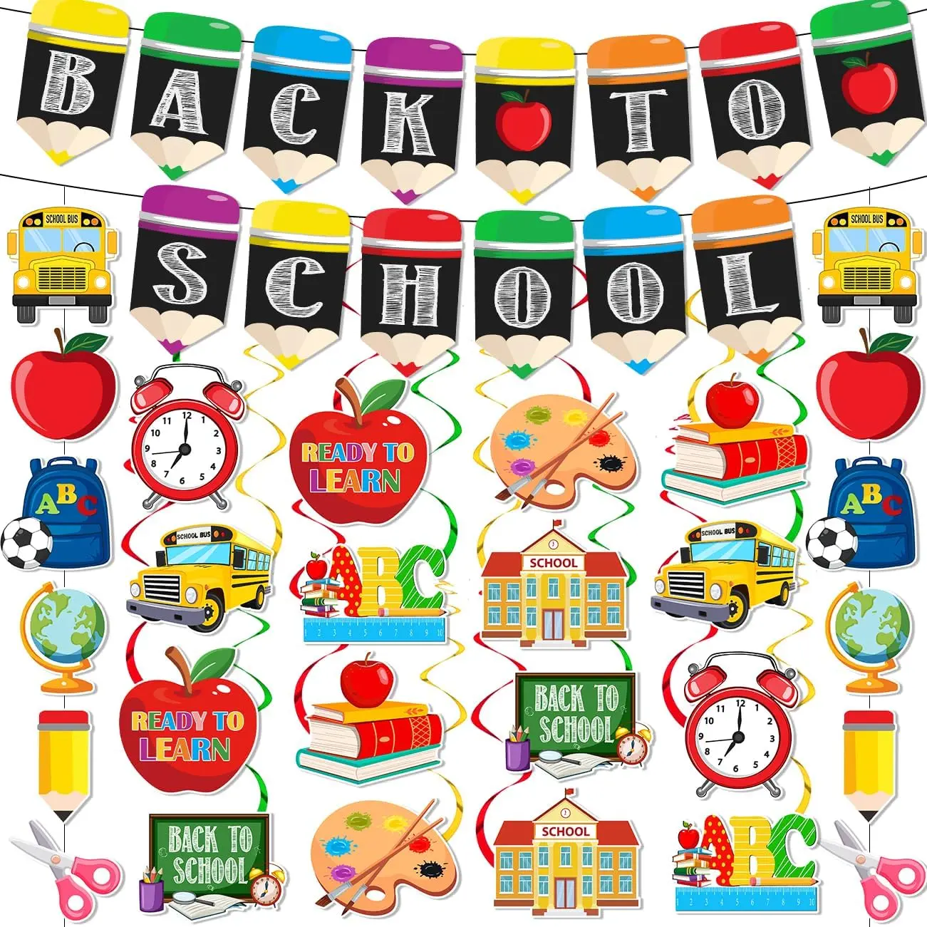 56PCS Colorful Decorative Laminated Paper Back to School Decor Kit - Pre-Strung First Day of School Decorations, Welcome Back Banner, Hanging Swirls, Ceiling Decor, Easy-Install Reusable Classroom Ceremony Supplies, Pre-Strung Sets
