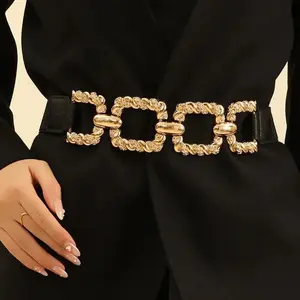 Women's Chain Decor Buttoned WaistBelt Fashion Elastic Stretch Dress Belt Waistband