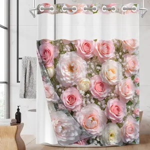 1PC/4PCS 2D Flat Printing Happy Spring Pink and White Roses Patterned shower curtain, home bathroom decor, shower curtain set with 12 hooks, non-slip bathroom rug, U-shaped toilet seat cover, toilet seat mat.