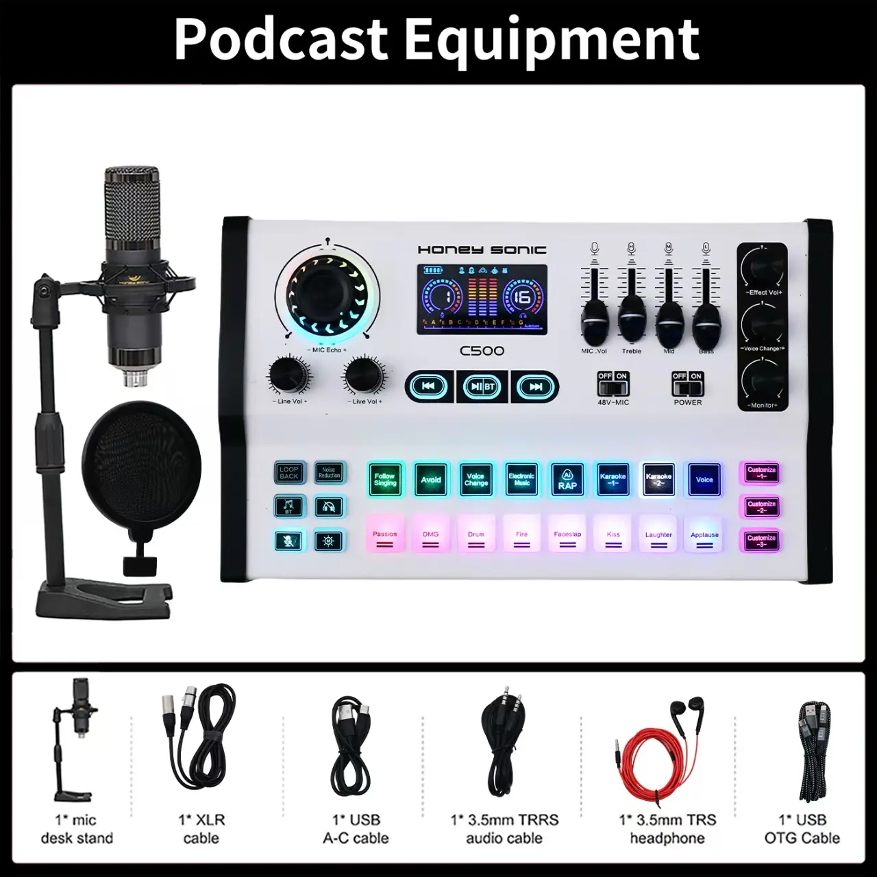 Honey Sonic Live Sound Card – DSP Noise Reduction, 48V Phantom Power, Voice Changer & 8 Live Sound Effects, 3000mAh Battery, OTG Digital Audio for Streaming / Podcast / Gaming / Karaoke / Vocal Recording – Compatible with iPhone, Android, PC, Laptop