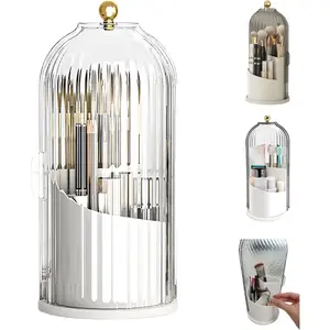 Rotating Makeup Brush Holder with Dustproof Lid, 360° Spinning Clear Acrylic Cosmetic Brush Organizer with 5 Compartments, Vanity Makeup Organizer for Brushes, Lipsticks, Bathroom Countertop, White