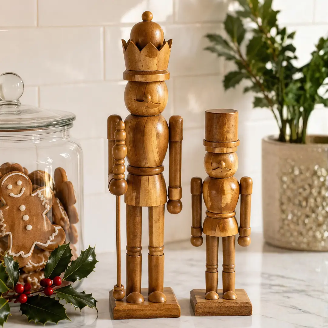 Nutcrackers Figurines for Christmas: 2pc Wooden Nutcracker King & Soldier for Console Table Mantels Tables Holiday
