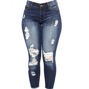 Stretchy Women's Skinny Jeans, Butt Lifting Distressed Denim Pants with Pockets and Ripped Hole Trousers Womenswear Bottom Vintage Polyester