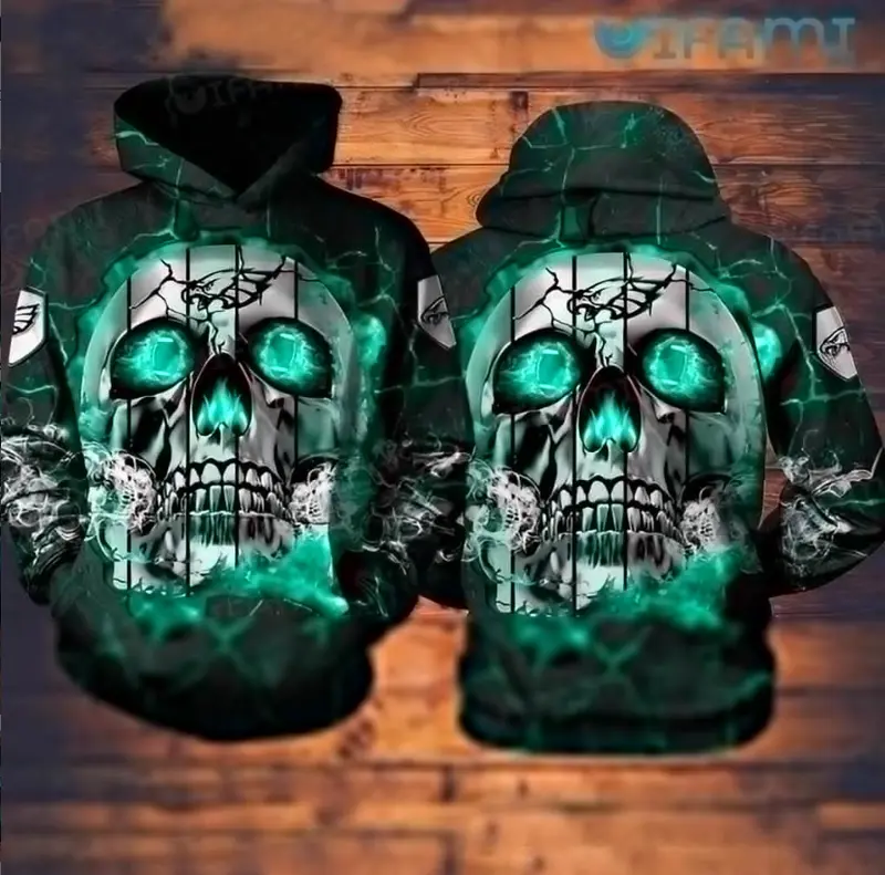 Green Winged Philly Team 3D Neon Blue Skull Hoodie Gift for Fans