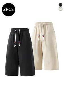 2-Pack Men’s Summer Shorts – Pure Cotton Linen, 3/4 Length, Trendy High Street/Streetwear Casual Sporty Loose Fit, Versatile for Fitness & Running