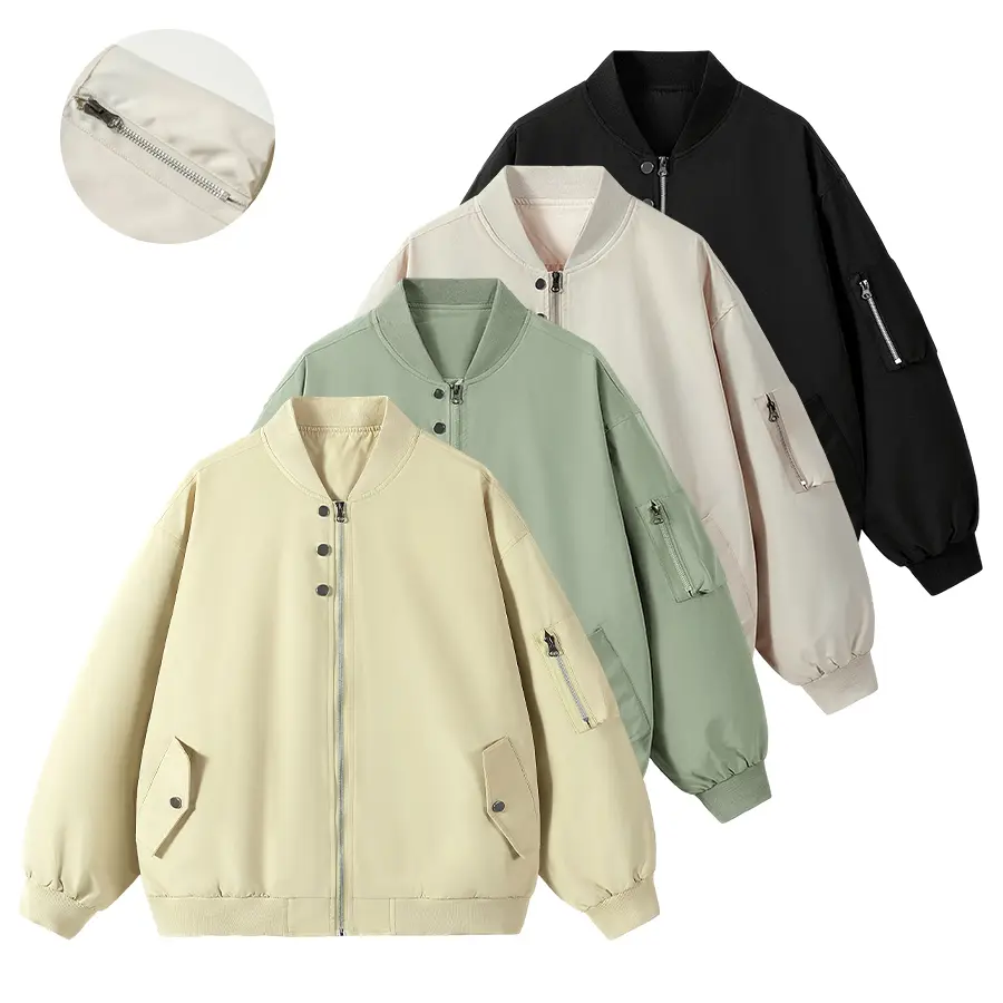Men’s classic aviator jacket, solid color long sleeves, baseball collar, multiple pockets, everyday casual outerwear