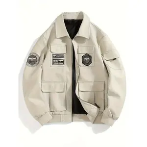 Embroidery Multi Pocket PU Jacket, Men's Casual Zip Up Lapel Faux Leather Jacket For Spring Fall