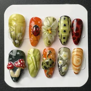 3D Forest Press On Nails: Cottagecore Frog, Mushroom, Ladybug Nail Art, Nail Art Kit Nail Box