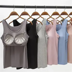 2023 Women's Vest Tops with Built In Bra Neck Vest Solid Color Padded Slim Fit Tank Tops Sexy Shirts Feminino Casual Tank Tops Polyester Womenswear Basic Black Minimalist Sleeveless