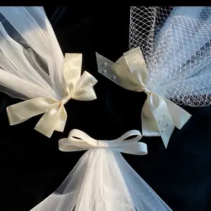 Cute Bow Wedding Veil Korean Wedding Veil Bridal Bow Veil White Veil Hair Bow Veil Shoulder Length Veil White Satin Bow Simple
