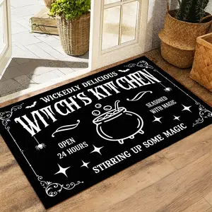 Witch's Kitchen Doormat, Wickedly Delicious Cauldron & Magic Quote Print, Durable Non-Slip Rug for Kitchen Entry, Witchy Home Decor & Spooky Season Vibes