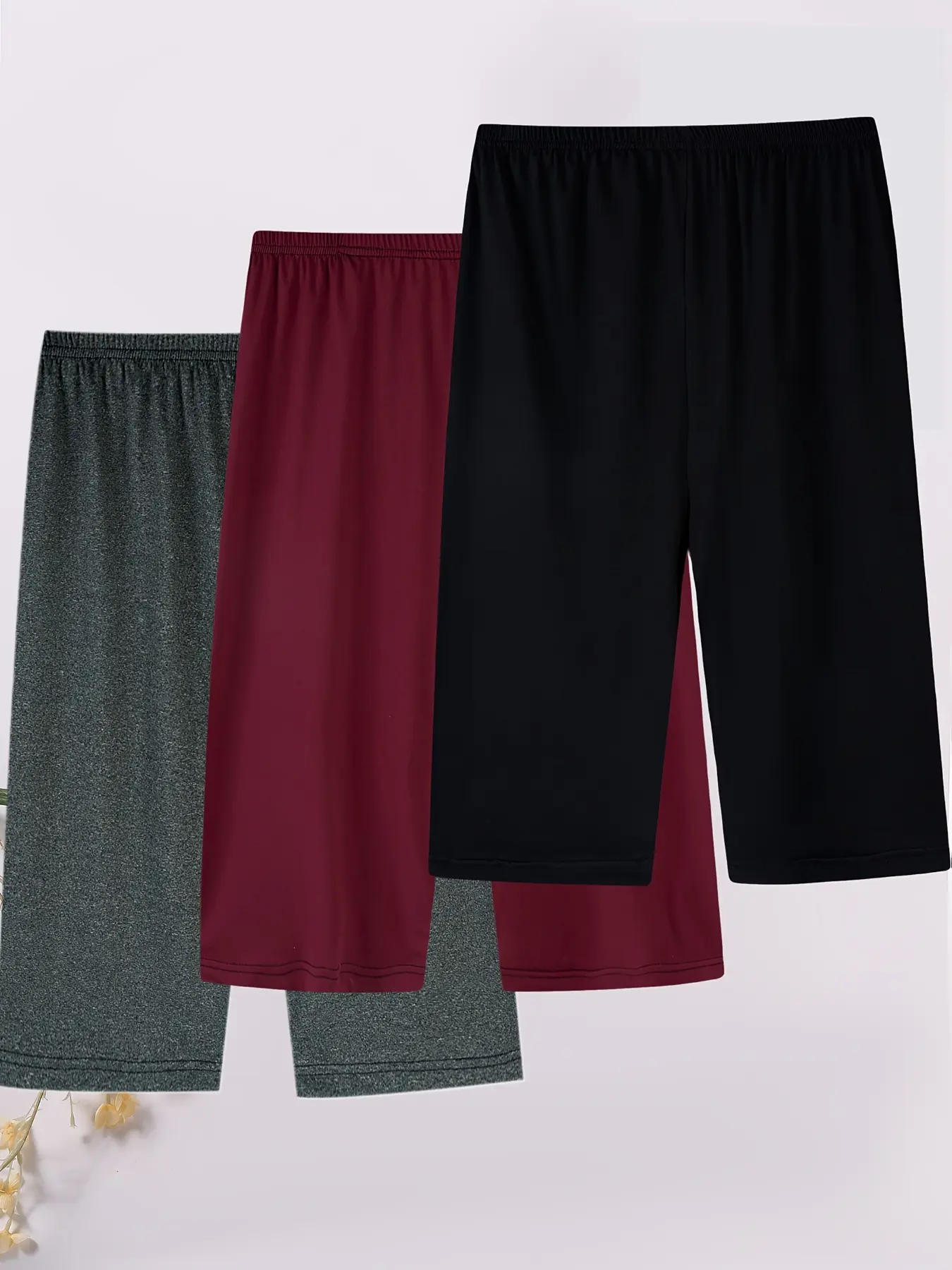 3-Pack Plus Size Lady 7/8 Pants, Basic Solid Color Loose Fit Summer Sleepwear, Casual All-Over Print Home Lounge Shorts, Lightweight Comfortable Everyday Loungewear Pjs Womenswear Pajamas, Breathable Sleep Bottoms, Soft Stretchy Homewear