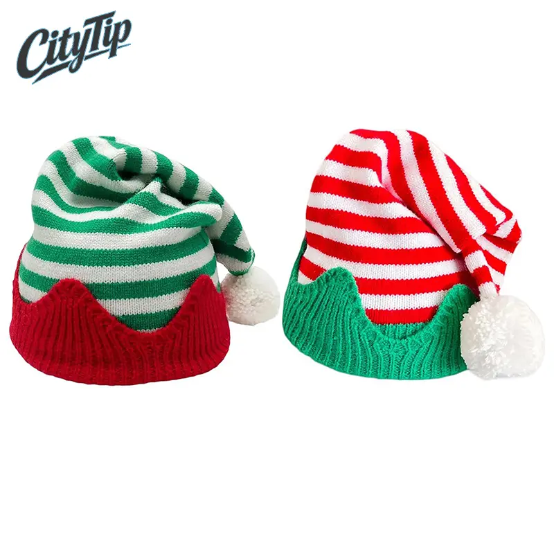 Christmas Slouch Beanie Hat with Pompoms, Striped Elf Leprechaun Holiday Hat, Cute Unisex Christmas Costume Hat for Men & Women, Cozy Festive Winter Accessory for Christmas Parties, Stage Performances, Holiday Events, Cosplay & Outdoor Wear