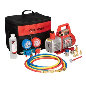 VIVOHOME 110V 1/4 HP 3.5CFM Single Stage Rotary Vane Air Vacuum Pump and AC Manifold Gauge Set Kit with Thermometer for R134a R12 R22 R502 R410a HVAC Air Conditioning Refrigeration Recharging